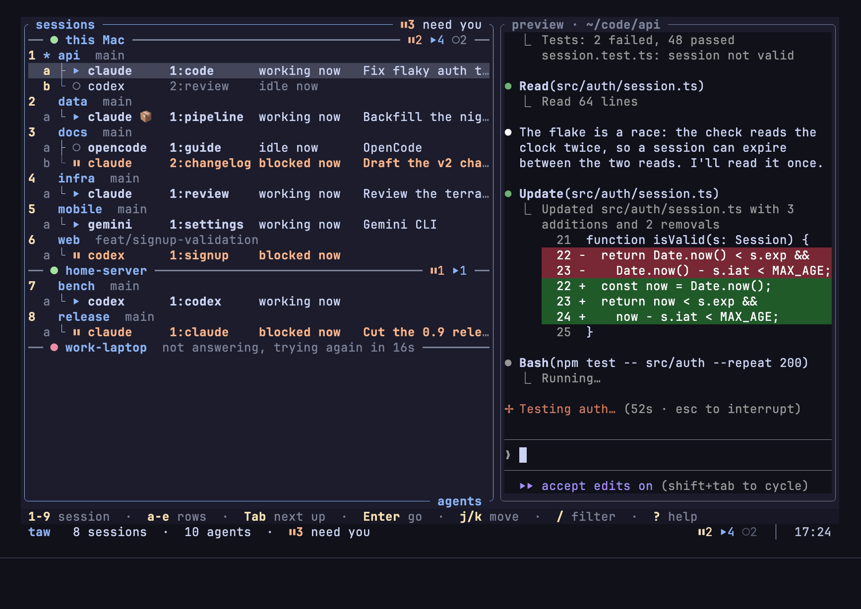 The taw popup: every session and agent across machines, Tab to the one that needs you, Enter to go there.
