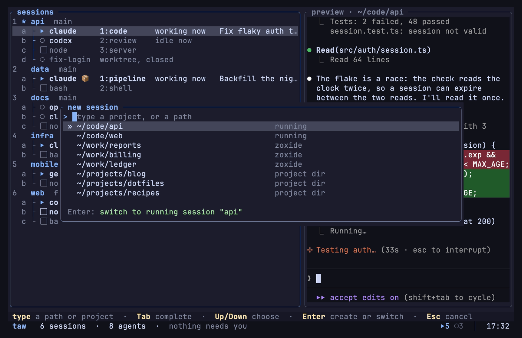 The project picker: n opens it over zoxide directories and your project folders.