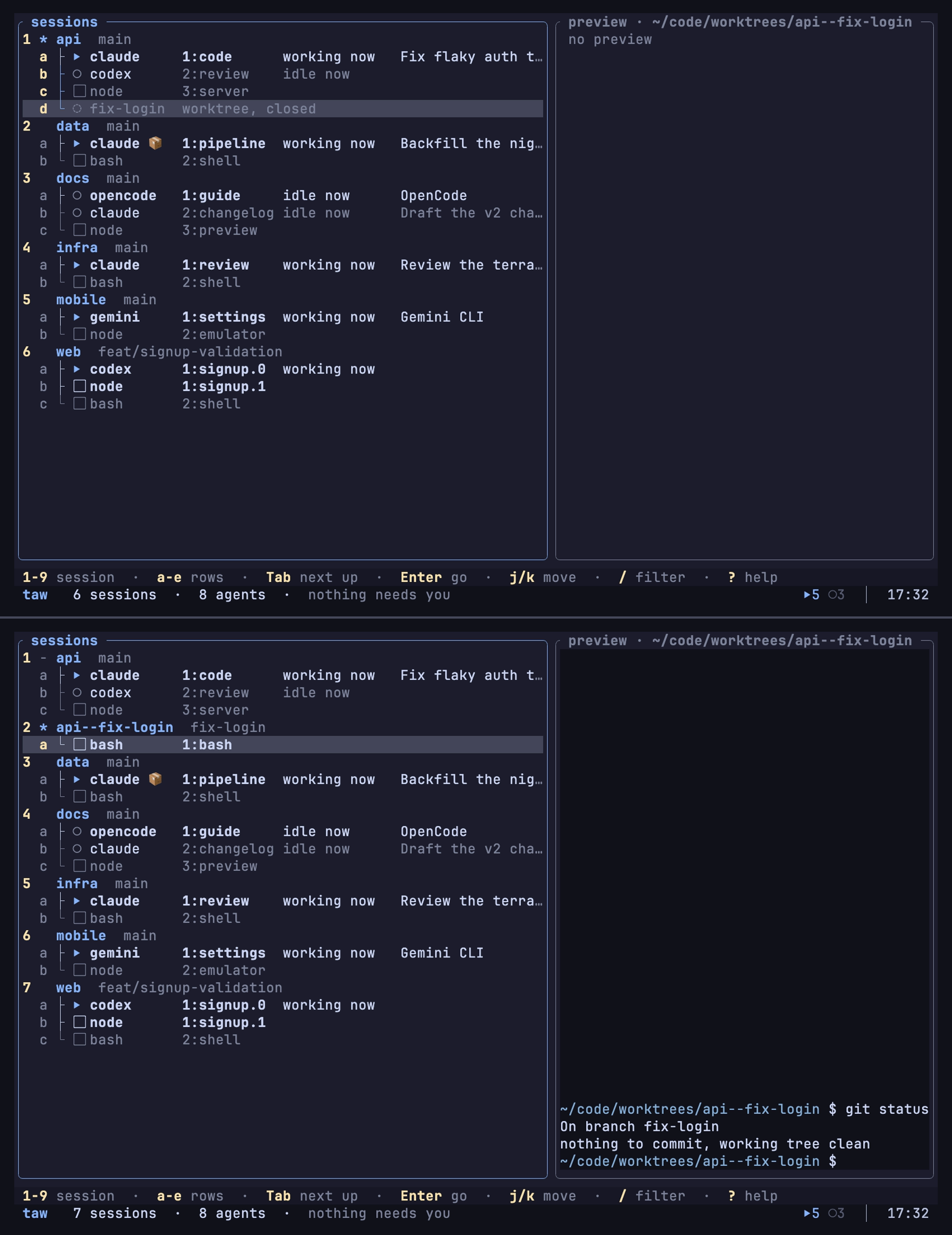 A closed worktree row in the tree, and the session it reopens into.